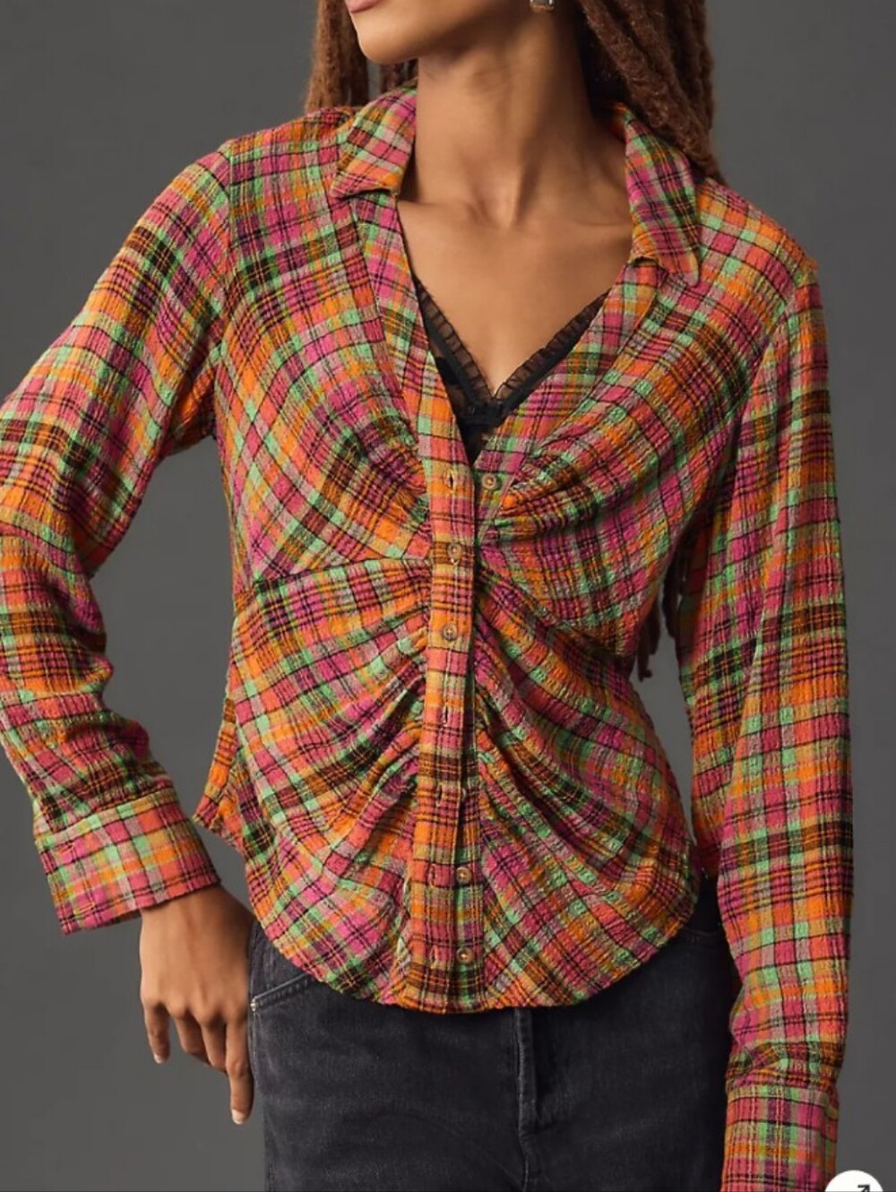 Pilcro Ruched Deep V Flannel Shirt Anthropologie